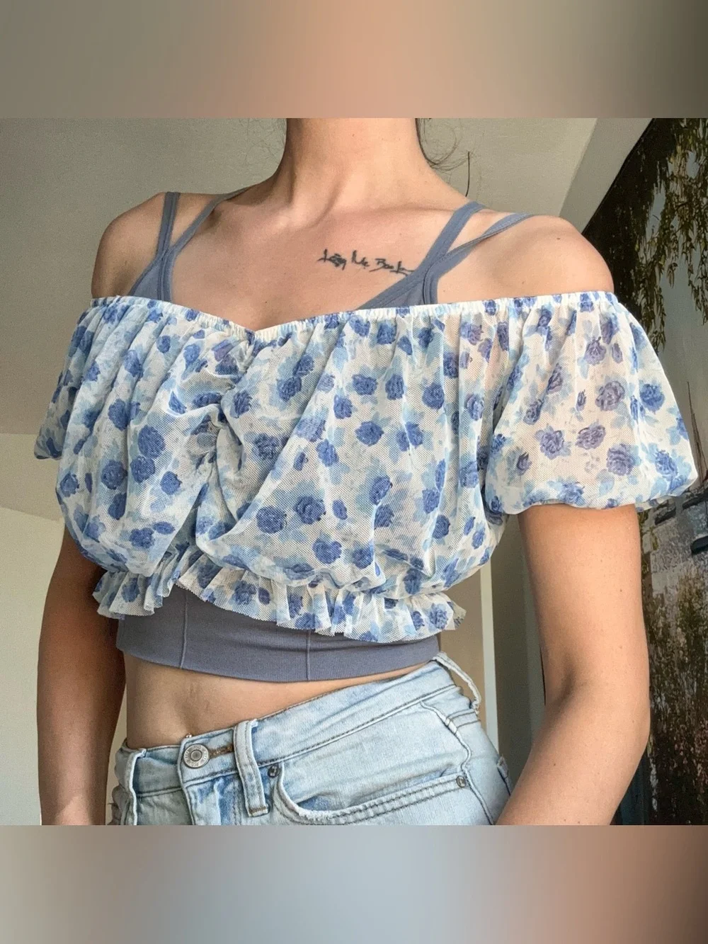 Blue Floral Off-Shoulder Crop Top